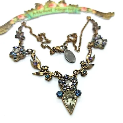 Michal Negrin Necklace Smoky Blue With Swarovski Crystals Flower Tear Drop Gift • $63.20