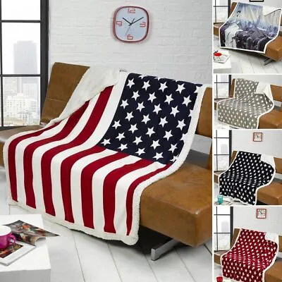 USA AMERICAN Stars & Stripes / New York Skyline Sofa / Bed Fleece Throw Blanket • £24.99