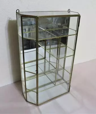 Brass & Glass Display Curio Cabinet 4 Shelves Mirror Back & Hinged Door Vintage • $149.98
