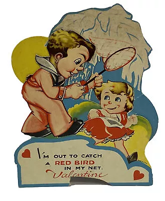 Vintage Mechanical Valentines Day Card Die Cut Used Boy Catching A Girl W/ Net • $8