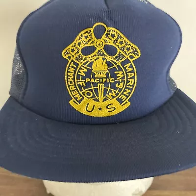 Merchant Marine Made In USA Vintage Mesh Trucker Snapback Hat Pacific Blue • $19.29