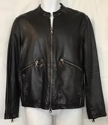 John Varvatos Mens Sheepskin Leather Bomber Jacket Black Zippers Crew Size 48 • $499