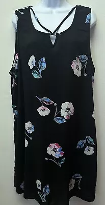 Maurices Plus 2X Sleeveless Black Floral Caged Neckline Swing A-Line Dress • $11.11