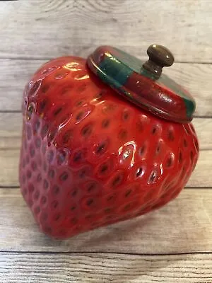 Vtg Ceramic Strawberry Canister Cookie Jar Handpainted Wooden Lid Hobbyist 9x8” • $37.99