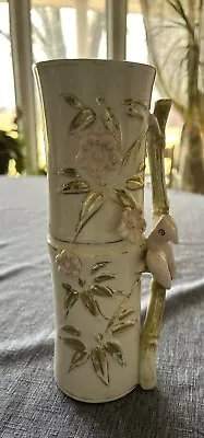 Bamboo Themed Vintage Floral Vase Applied Bird And Pink Flowers • $11.99