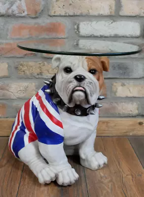 Large 38cm Tall Union Jack Bulldog Sitting Resin Side Table With Glass Top. • £129