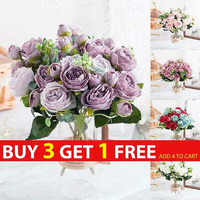 9 Heads Artificial Flowers Silk Peony Bouquet Fake Rose Wedding Home Party Decor • £3.98