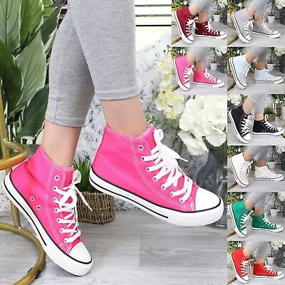 Canvas Sneaker Lace Up Trainers High Top Plimsolls Ladies Girl Pumps Women Shoes • £14.95
