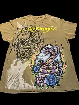 Christian Audigier Ed Hardy Rhinestone Dragon Shirt Large AOP Bejeweled Y2K • $33.99