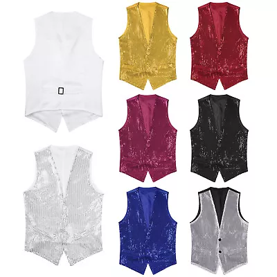 Men's Glittery Sequin Vest Slim Fit Nightclub Party Performance Tuxedo Waistcoat • $15.22