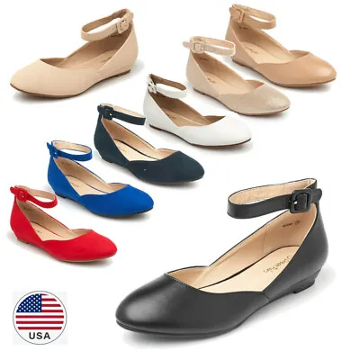 Women Elegant Low Wedge Heel Ankle Strap Close Toe Ballet Flat Shoes • $19.99