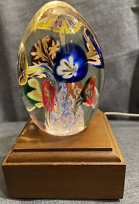 Murano Glass Large Egg Paperweight Pulled Flowers 4.5” Lighted Stand Vintage • $76.50