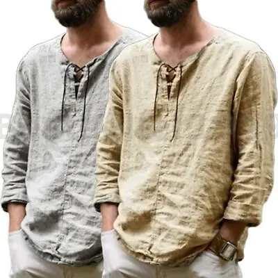 INCERUN Mens Medieval Style Shirts Lace Up 100%Cotton Tops Long Sleeve Blouses • £9.49