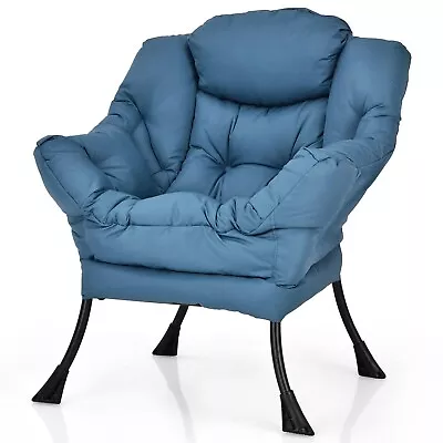 Costway Modern Polyester Fabric Lazy Chair Single Sofa Chair W/ Side Pocket Navy • $89