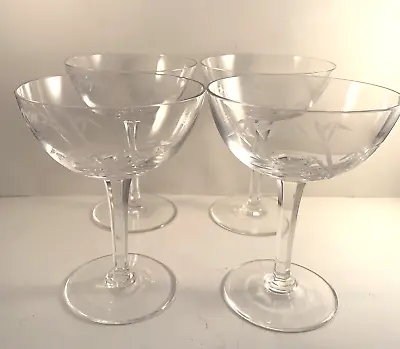 Vintage Stemware Etched Glass Set (4) Gray Cut Bamboo Champagne Multi-Side Stem • $25.99