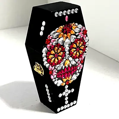 $15.98 • Buy Small Wood Coffin Hinged Box Sugar Skull Rhinestone Embellishments 6 X 3 X 2 In