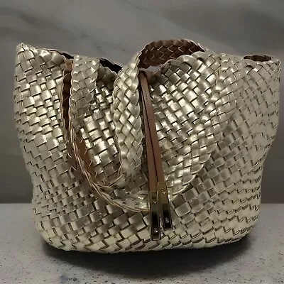 Calvin Klein Gold Naomi Weave Leather Metallic Shine Tote Large Handbag Purse • $55.55