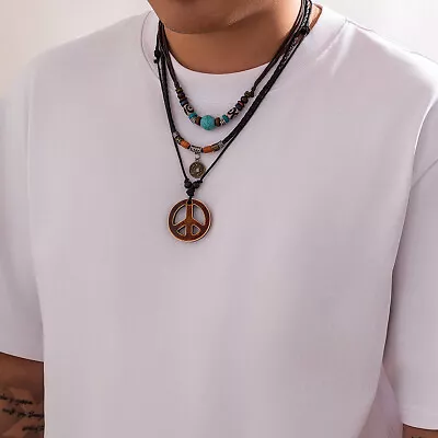 Wooden Bead Splice Necklace Men's Bohemian Style Chain Turquoise Coconut Shell • $6.29