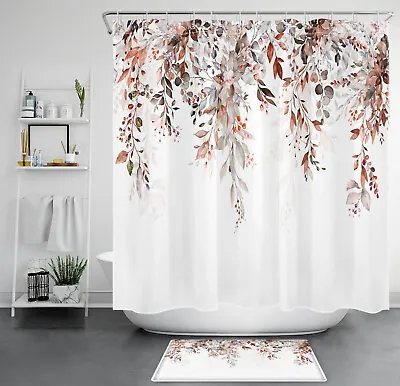 Botanical Brown Leaf Red Floral Fall Shower Curtain Bathroom Accessories Set • $10.99