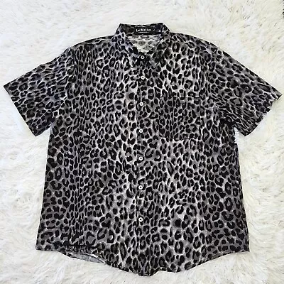 Luc Matton Men's Gray Black Leopard Print Button Up Short Sleeve Shirt Sz Large • $16.80