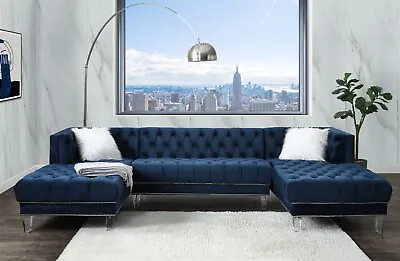 Modern Contemporary Navy Blue Velvet U Shape 3pc Set Sectional Sofa #A157365 • $1150