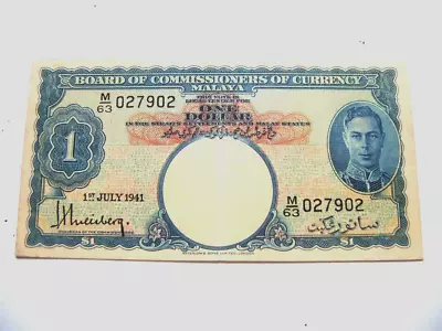 1941 Board Of  Malaya 1 Dollar King G 5 Banknote 027902 • $35.62