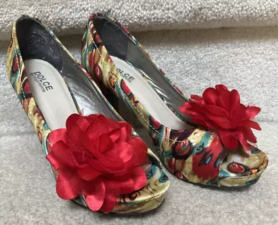 Dolce By Mojo Moxy Heels Colorful Floral Print Size 9/9.5 Peep Toe Pumps • $20