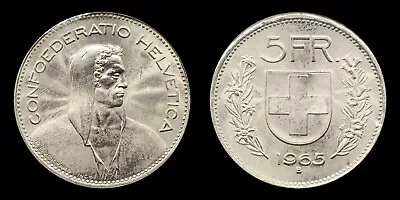 1965 Switzerland 5 Francs .835 Silver Bust Of Curly-haired Herdsman Arms • $24.50