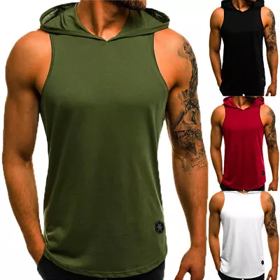 Mens Hooded Gym Sleeveless Top Vest Hoodie Bodybuilding Tank Tops Muscle Shirt • £9.11