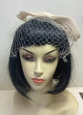 Vtg 1950s Pale Pink Chiffon Velvet Bow Hat W Veil Spring Easter Derby • $8.09