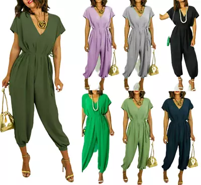 Womens V Neck Tie Belted Waist Parachute Wide Leg Jumpsuit Ladies Harem Playsuit • £14.99