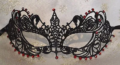 Black Masquerade Mask Lace Red Diamante Venetian Halloween New Year's Party 2023 • £11.75