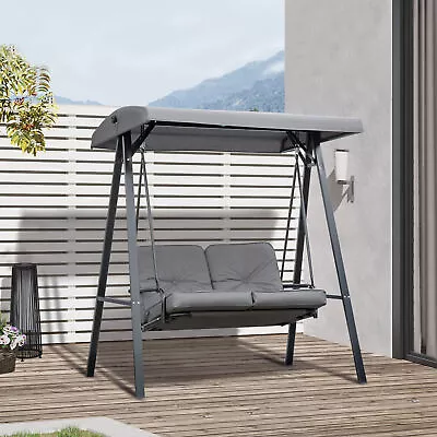 2 Seater Garden Outdoor Swing Chair Hammock Bench W/ Adjustable Canopy Grey • £156.99