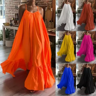 Women's Spaghetti Strap Ruffled Casual Beach Party Loose Summer Long Dress • $11.76