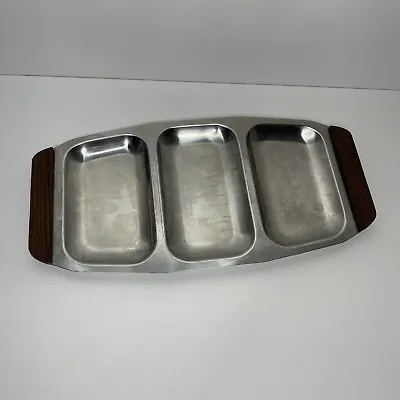 Vintage Stainless Steel Divided Condiment Serving Tray Wooden Handles Japan 18-8 • $10