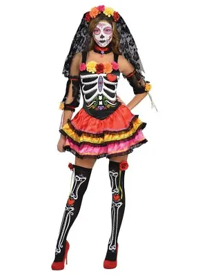 Day Of The Dead Senorita Costume Ladies Halloween Sexy Skeleton Fancy Dress • £35.99