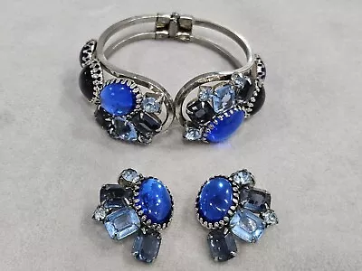 Vintage D&e Juliana Silver Tone Ab Blue Clamper Bracelet & Earring Set • $49.99