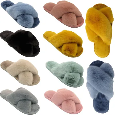 £8.99 • Buy Ladies Furry Slippers Womens Fluffy Sliders Crossover Open Toe Faux Fur Mules 