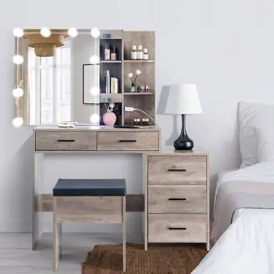 LED Vanity Table Set With Charging Station Bedroom Makeup Dressing Desk Cabinet • $180.99