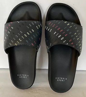 Victoria's Secret Sport Slides Slip On Sandals Flip Flops Black With Logo Size S • $52.95