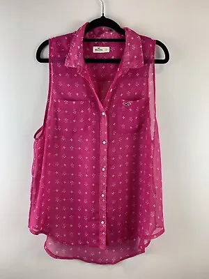Hollister Blouse Sheer Sleeveless Hot Pink Turtle Print Size L • $15