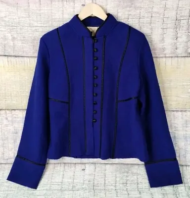 Vintage Mainbocher Blue 100% Wool Blazer Large Black Satin Piping • $19.99