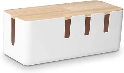 Cable Management Box By Baskiss 30.5X12.5X11.5Cm Wood Lid Cord Organizer For  • £20.56