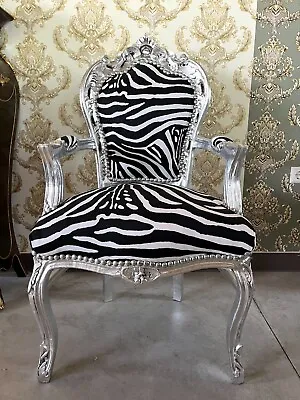 French Louis Gold Style Zebra Chair Antique Baroque In Silver Finish • £230.31