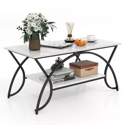 2-Tier Modern Faux Marble Coffee Table Metal Frame Rectangular Living Room Table • $93.97