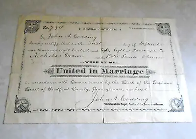 September 1 1888 United In Marriage Certificate - Towanda PA • $8