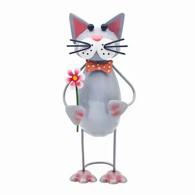 Grey Cat Holding Flower Metal Ornament Garden Figurine Bobbin Ornaments • £14.99