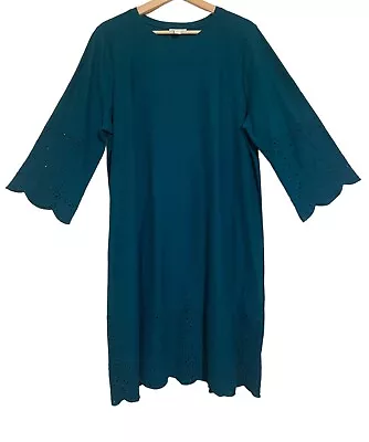 J. Jill Womens Pacific Teal Shift Dress With Eyelet Detail Large Scallop Hem • $26.39