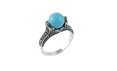 Solid 925 Sterling Silver Genuine Marcasite And Turquoise Ring - Sizes 6-9 • $11.99