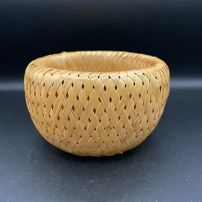 Bambu Hand Woven Bohemian Bowl - Yellow Bamboo Round Basket Double Walled • $12